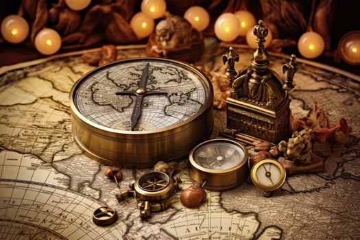 AI generated Vintage compass and old map. Travel concept. Vintage style, AI Generated photo