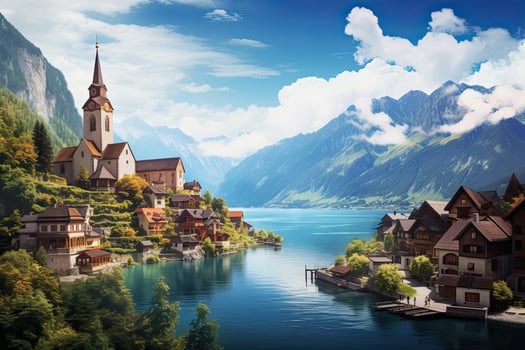 AI generated Lake Como, Italy. Panoramic view of Lake Como in autumn, AI Generated photo