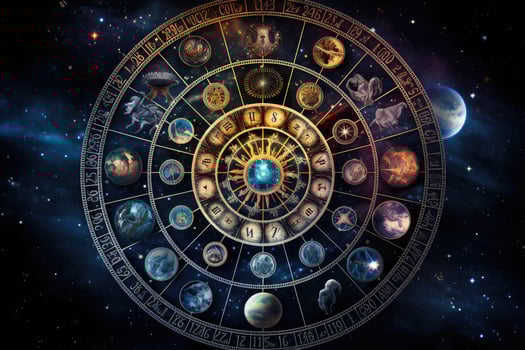 AI generated Zodiac signs in the Zodiac circle against the background of the starry sky, AI Generated photo