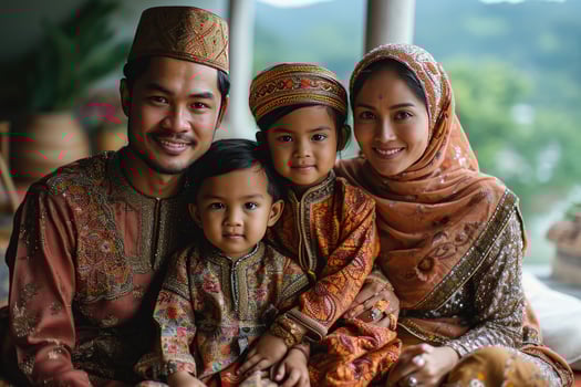 AI generated Portrait of a Happy Asian Muslim Family in Traditional Clothes. Generative AI photo
