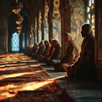 AI generated Muslim Man Praying at a Mosque with Sunlight Effect. Worshiping God. Generative AI photo