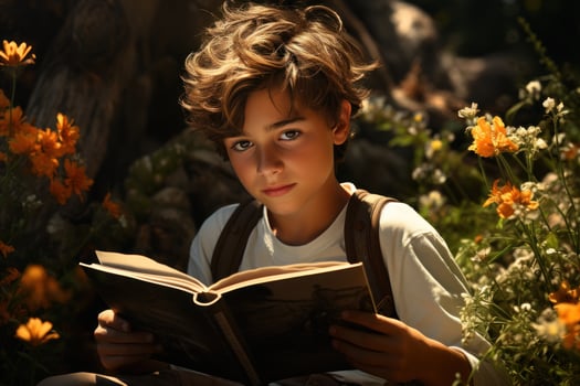 AI generated A boy engrossed in a book surrounded by serene beauty, beautiful book images photo