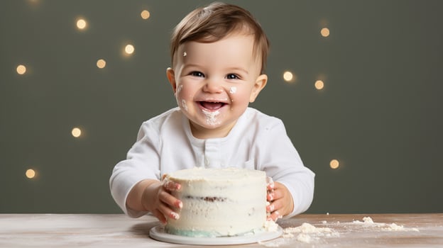 AI generated Happy baby enjoying first birthday with a messy cake smash, joyful infant celebration moment, perfect for family and parenting content. photo