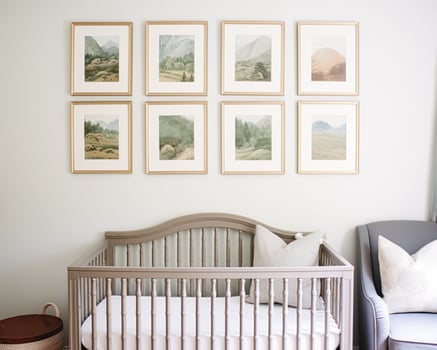 AI generated Nursery gallery wall, home decor and wall art, framed art in the English country cottage interior, room for diy printable artwork mockup and print shop photo