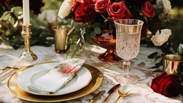 AI generated Wedding and event celebration tablescape with flowers, formal dinner table setting with roses and wine, elegant floral table decor for dinner party and holiday decoration, home styling photo