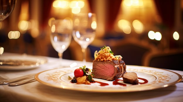 AI generated Exquisite main course meal at a luxury restaurant, wedding food catering and English cuisine photo