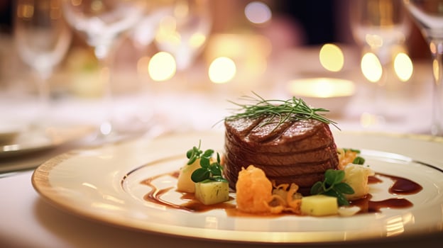 AI generated Exquisite main course meal at a luxury restaurant, wedding food catering and English cuisine photo