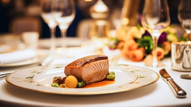 AI generated Exquisite main course meal at a luxury restaurant, wedding food catering and English cuisine photo