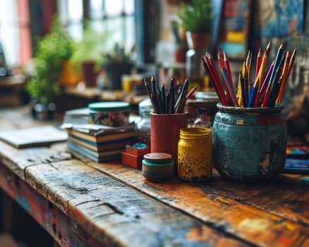 AI generated Office and school supplies on wooden surface, education pictures for website photo
