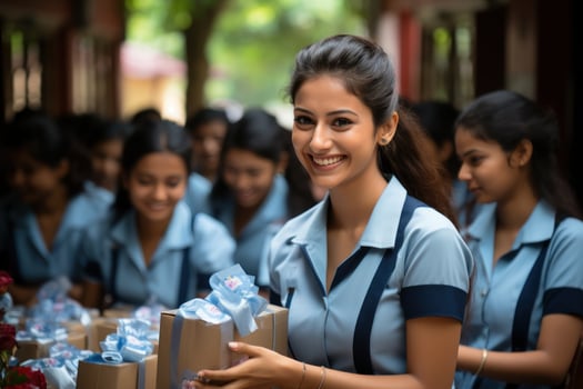 AI generated Women in blue clothing handing out presents to students, diverse education and teachers day image photo
