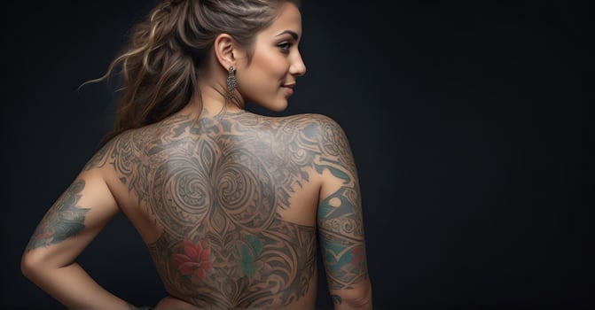 AI generated Portrait of a woman with a body full of artistic tattoos photo