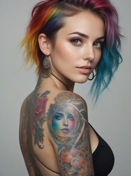 AI generated Portrait of a woman with a body full of artistic tattoos photo