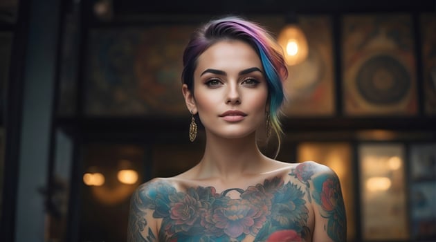 AI generated Portrait of a woman with a body full of artistic tattoos photo