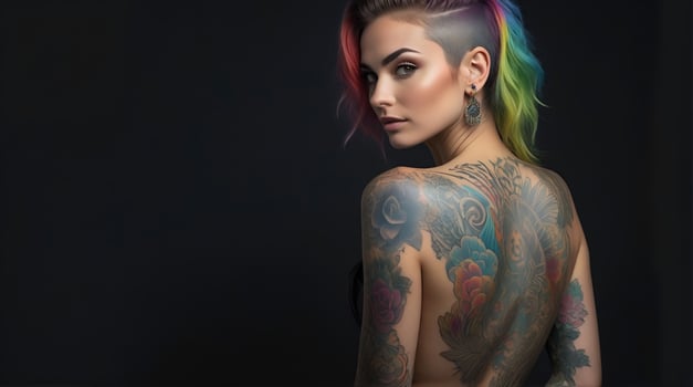 AI generated Portrait of a woman with a body full of artistic tattoos photo