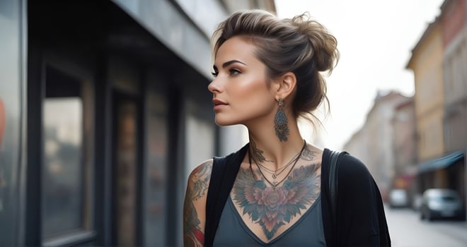 AI generated Portrait of a woman with a body full of artistic tattoos photo