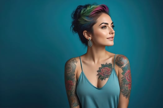 AI generated Portrait of a woman with a body full of artistic tattoos photo