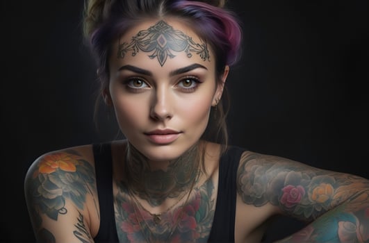 AI generated Portrait of a woman with a body full of artistic tattoos photo