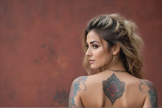 AI generated Portrait of a woman with a body full of artistic tattoos photo