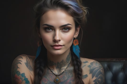 AI generated Portrait of a woman with a body full of artistic tattoos photo
