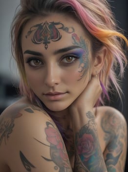 AI generated Portrait of a woman with a body full of artistic tattoos photo
