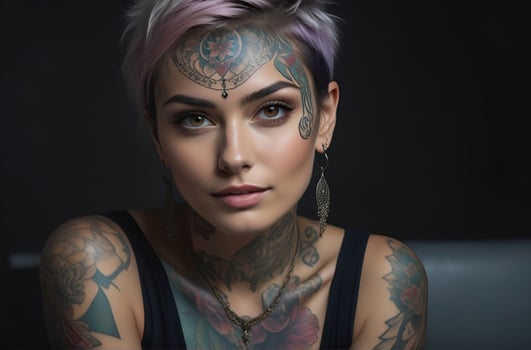AI generated Portrait of a woman with a body full of artistic tattoos photo