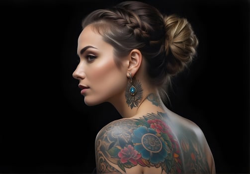 AI generated Portrait of a woman with a body full of artistic tattoos photo