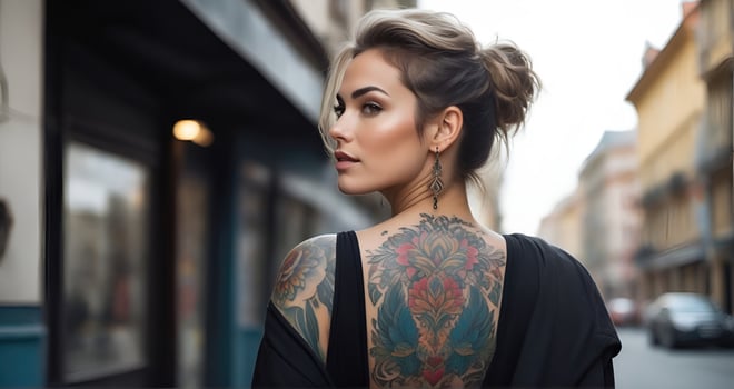 AI generated Portrait of a woman with a body full of artistic tattoos photo