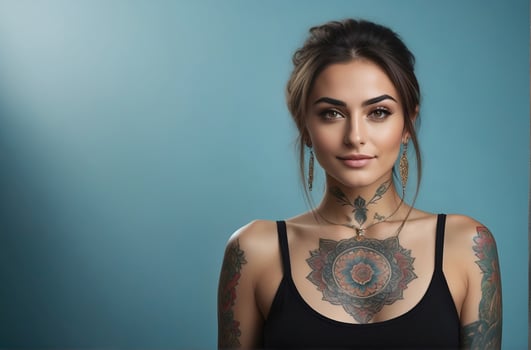 AI generated Portrait of a woman with a body full of artistic tattoos photo