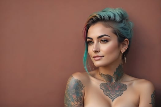 AI generated Portrait of a woman with a body full of artistic tattoos photo