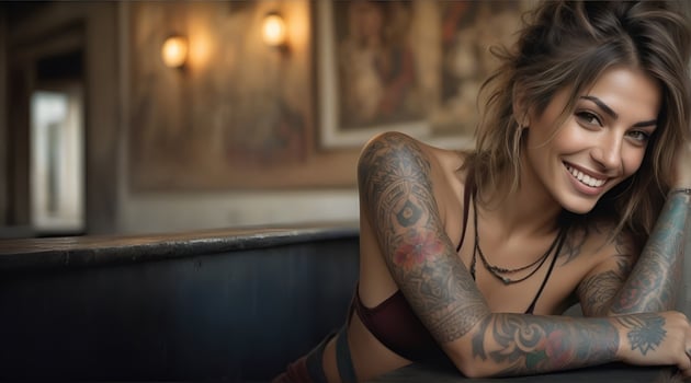 AI generated Portrait of a woman with a body full of artistic tattoos photo