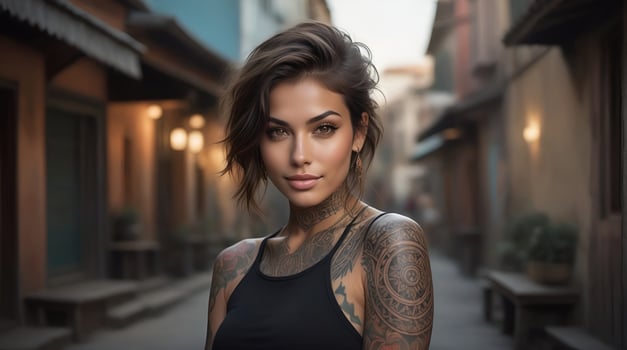 AI generated Portrait of a woman with a body full of artistic tattoos photo