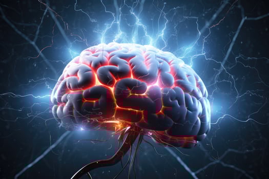 AI generated Human brain on a dark background. 3D illustration. 3D rendering, Brainstorming concept illustrated with a human brain and lightning, 3D illustration, AI Generated photo