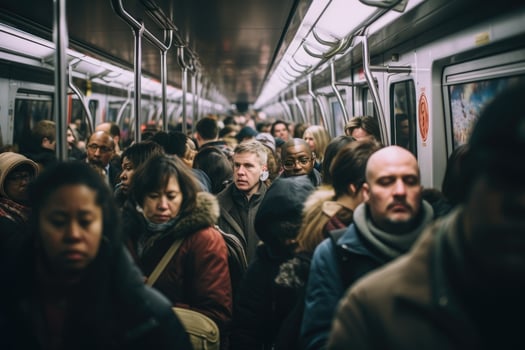 AI generated People traveling in a subway car. Passengers inside the subway car, AI Generated photo