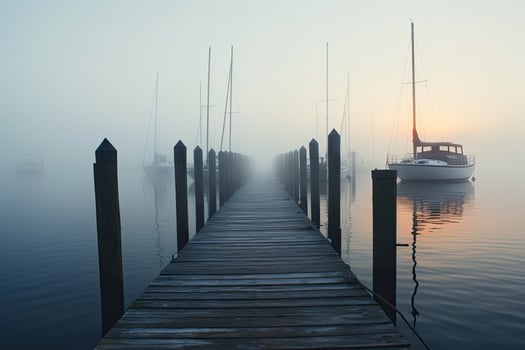 AI generated Wooden jetty in a foggy morning at Lake Balaton, Hungary, AI Generated photo