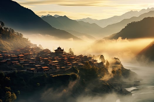 AI generated Mountain village in the fog at sunrise. Beautiful natural landscape, AI Generated photo