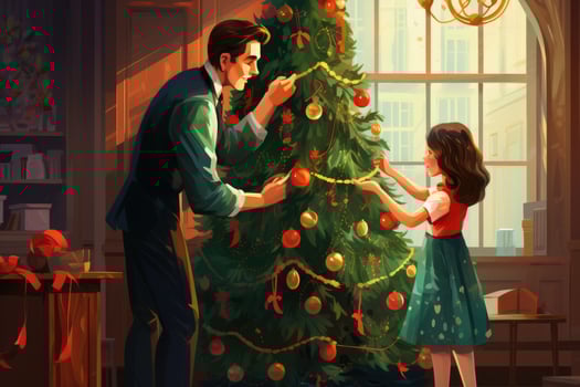 AI generated Man and woman decorating the Christmas tree at home in the evening, A family decorating a Christmas tree together, AI Generated photo