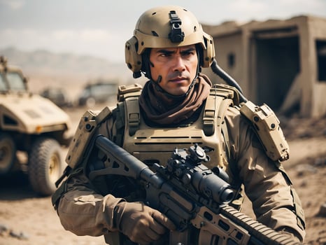 AI generated Modern futuristic special forces solider with full body armour and machine gun, army background, wallpaper photo