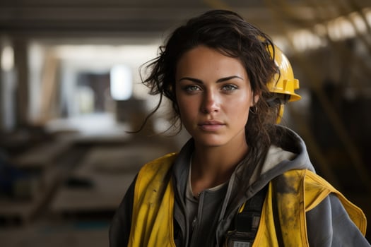 AI generated Portrait of young female construction worker looking at camera with serious expression, Captured on the work site, a female construction worker, AI Generated photo