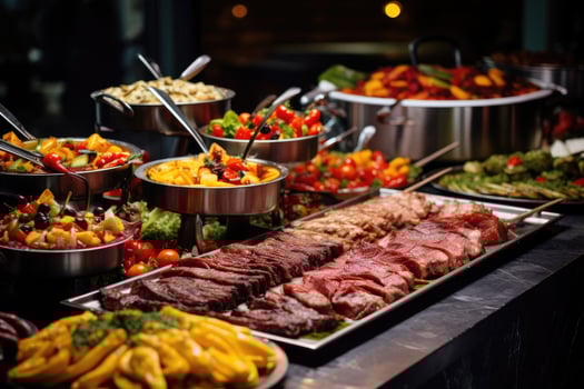 AI generated catering buffet food indoor in luxury restaurant with meat and vegetables, Catering buffet food, Delicious colorful meat and vegetable dishes, AI Generated photo