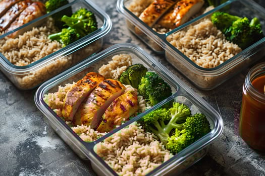 AI generated Meal prep containers with grilled chicken, brown rice, and steamed broccoli. Generative AI. photo
