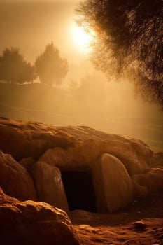AI generated Sunrise over a megalithic tomb photo