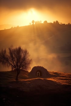 AI generated Sunrise over a megalithic tomb photo