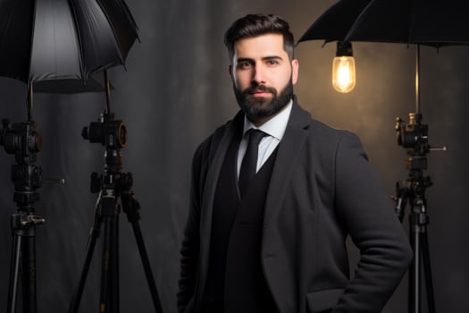 AI Generated Portrait handsome confident stylish Caucasian man male guy fashion model posing elegant clothes looking digital camera modern studio taking photo. Professional photographer session photo