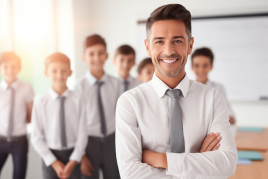 AI Generated Happy joyful teacher group kids boys schoolchildren pupils students smiling standing together portrait. Modern elementary school class lesson study learn offline education acknowledgment photo