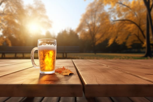AI Generated Cold fresh brilliance delicious unbottled craft beer foam mug glass keg beer wooden table bar pub. Brewery alcohol non-alcoholic drink party degustation holiday Oktoberfest Munich photo