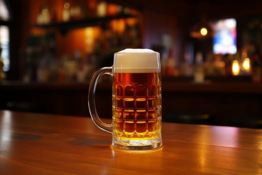 AI Generated Cold fresh craft beer Oktoberfest Munich brilliance delicious unbottled foam mug glass keg beer wooden table bar pub. Brewery alcohol non-alcoholic drink party degustation holiday photo