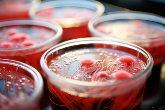 AI Generated Close up petri dish macro bacterium virus clinic analysis lab laboratory vaccine cure medical production medicine biological research biology pharma industry researching science discovery photo