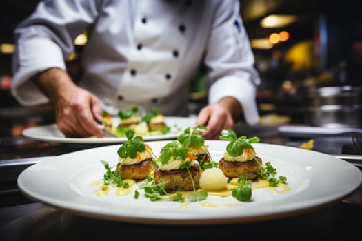AI Generated Master chef cook man hands precisely cooking dressing preparing tasty fresh delicious mouthwatering gourmet dish food on plate to customers 5-star michelin restaurant kitchen close-up photo