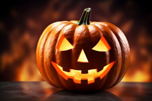 AI Generated Happy Halloween party Jack O Lantern orange pumpkin scary spooky creepy carving evil smile angry face glowing. Trick treat holiday dark mysterious night eerie horror October nightmare photo