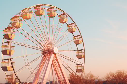 AI Generated Retro colorful big tall Ferris wheel cabin carousel sky amusement Luna park. Nostalgia fun childhood funfair entertainment recreation holiday weekend festival event tourism enjoying photo